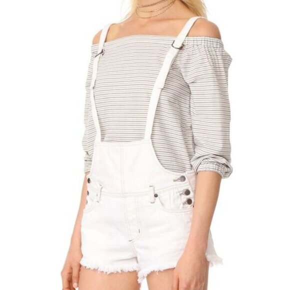We The Free Frayed White Denim raw hem overall shorts with adjustable straps 26 - Picture 1 of 7